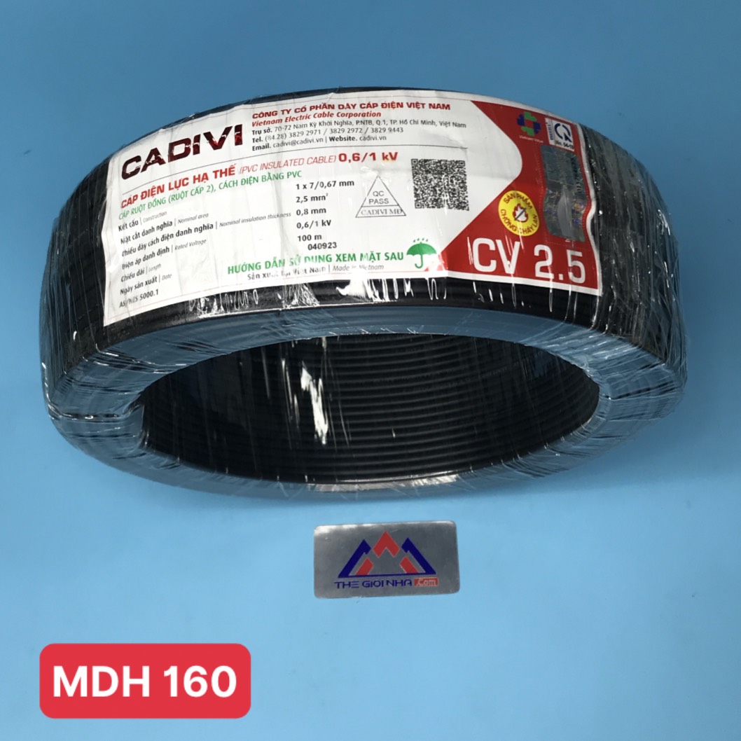 Dây điện đơn CV 2.5 Cadivi, màu đen, cuộn 100m